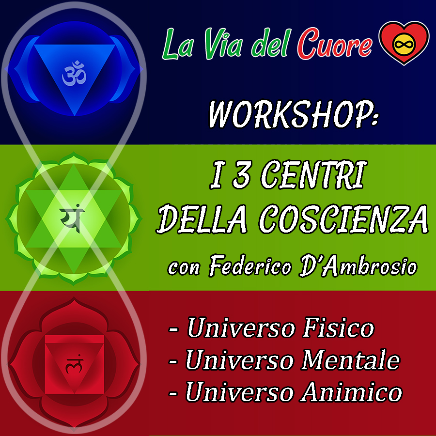 WORKSHOP I 3 CENTRI DELLA COSCIENZA
Universo Fisico 
Universo Mentale 
Universo Animico 
con Federico D'Ambrosio
La Via del Cuore